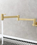 Brushed Gold Wall Mount Pot Filler Faucet With Folding Reach And Brass Construction Sixteen Point Seven Inch Extension Single Hole Install For Hot Or Cold Water Fast Fill Near Stove Easy Reach Kitchen Upgrade