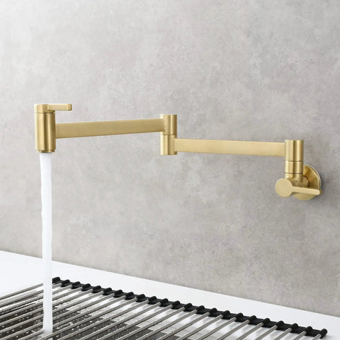 Brushed Gold Wall Mount Pot Filler Faucet With Folding Reach And Brass Construction Sixteen Point Seven Inch Extension Single Hole Install For Hot Or Cold Water Fast Fill Near Stove Easy Reach Kitchen Upgrade