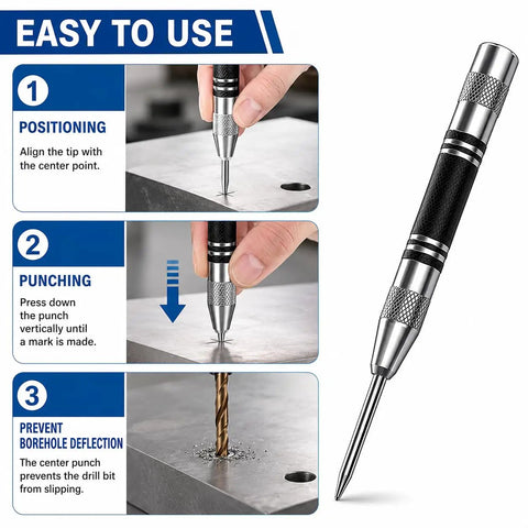 Automatic Center Punch With 2 Extra Tips, 5 Inch Heavy Duty Steel Spring Loaded Tool in use on metal surface.