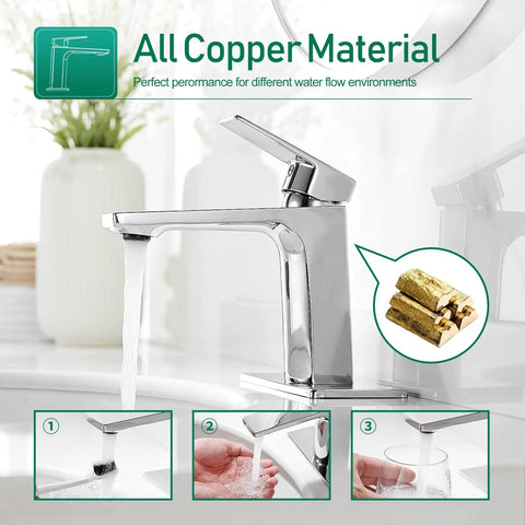 Chrome Single Handle Bathroom Faucet With Pop Up Drain And Flexible Water Lines 4 Inch Center Set Vanity Sink Tap Includes 6 Inch Deck Plate For One Or Three Hole Install Solid Brass Construction Easy Install with water flowing in a modern sink setup