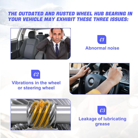 Diagram showing common wheel hub bearing issues: abnormal noise, steering wheel vibrations, and grease leakage.