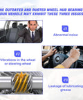 Illustration highlighting issues with outdated wheel hub bearings: abnormal noise, steering wheel vibrations, lubricating grease leakage.