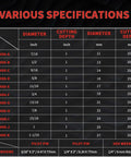Front view of annular cutter set (13 pcs) spec chart; diameters 7/16–1-1/16 in, cutting depth 1 in, includes pilot pins.