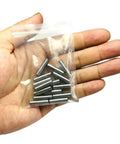 Rock Solid Heavy Duty 3/16x3/4 Inch Dowel Pins and Shelf Pegs in a hand, stainless alloy steel pins for furniture use.