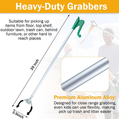 Four Pack 39 Inch Reacher Grabber Tools With Rotating Jaw Long Reach Pick Up Tool Set For Outdoor Cleanup And Trash Pickup Lightweight Aluminum Reachers For Cleaning Yards And Garages