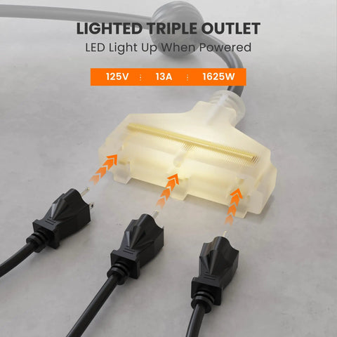 Heavy Duty Retractable Extension Cord Reel With Lighted Triple Tap, 50FT 14AWG 3C SJTOW Power Cord, LED triple outlet