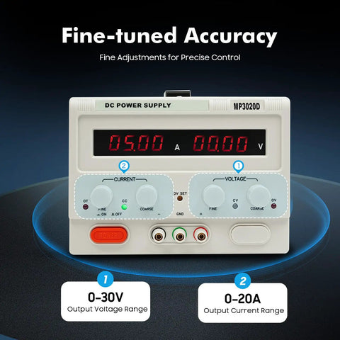 Variable DC Power Supply 0 To 30V 0 To 20A Bench Power Source With Precise Output And LED Readout Real Time Voltage And Current Monitor For Prototyping DIY Electronics Lab Testing And Hands On Projects, front view