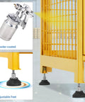 Close-up of Upgraded Propane Tank Storage Box For Four Cylinders with adjustable feet and yellow powder-coated finish.