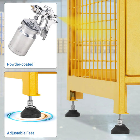 Close-up of Upgraded Propane Tank Storage Box For Four Cylinders with adjustable feet and yellow powder-coated finish.