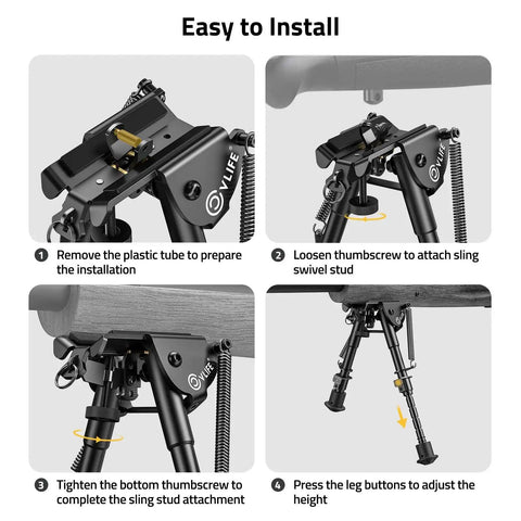 Installation steps for 6 to 9 Inch Adjustable Rifle Bipod, heavy duty steel and aluminum, black anodized finish, outdoor use