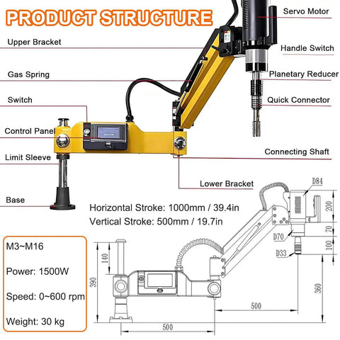 Diagram of heavy duty electric tapping machine for 3 to 16 mm threads with 1500W power, showing structure and components.