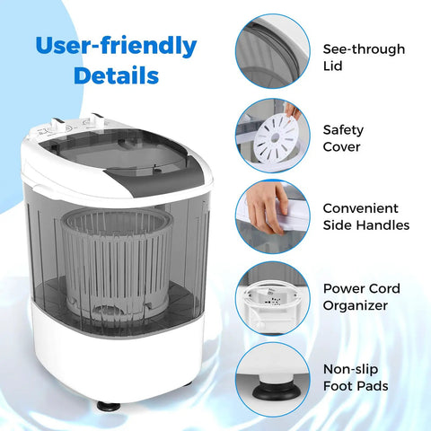 Compact Portable Washing Machine With Separate Spin Tub And Quick Drain Hose, 5.5 Lb Mini Laundry Washer, user-friendly design features.