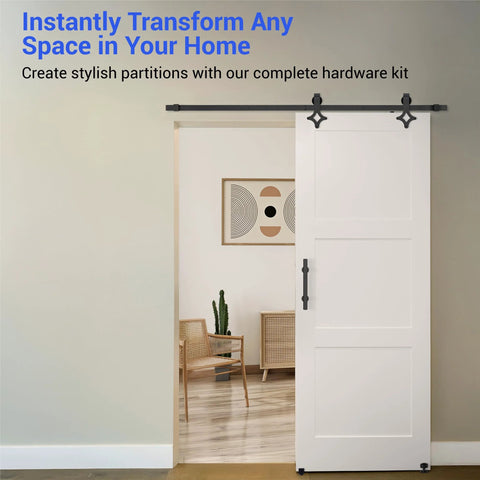 Heavy Duty Barn Door Hardware Kit With Handle for Smooth Sliding Doors installation in a home with a black finish track and rails.