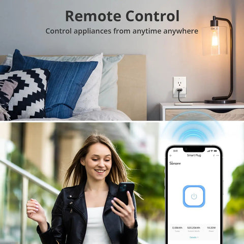 4 Pack S31 WiFi Smart Plug With Energy Monitoring And 15A Outlet Works With Alexa And Google Home IFTTT Compatible ETL Certified 2 4 GHz WiFi Only Real Time Power Current And Voltage Monitoring controlling lamp remotely via smartphone app