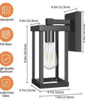 Dusk To Dawn Outdoor Wall Lantern Fixture Set Of 2 With IC Sensor Matte Black Exterior Wall Mount Porch Lights Anti Rust Waterproof LED Sconce For Front Porch Hands Free Auto On Off At Night, showing dimensions and specifications of waterproof aluminum wall lantern with clear glass in matte black finish.