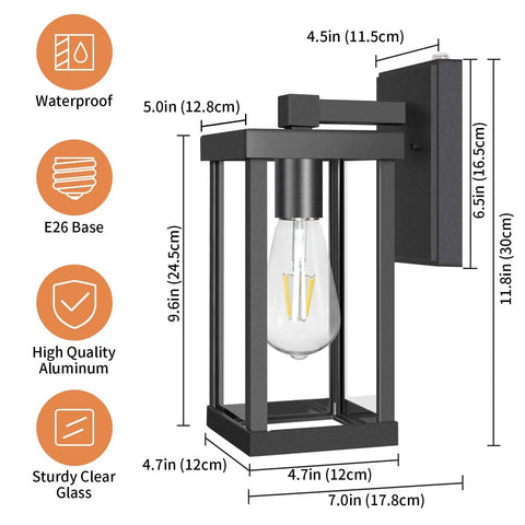 Dusk To Dawn Outdoor Wall Lantern Fixture Set Of 2 With IC Sensor Matte Black Exterior Wall Mount Porch Lights Anti Rust Waterproof LED Sconce For Front Porch Hands Free Auto On Off At Night, showing dimensions and specifications of waterproof aluminum wall lantern with clear glass in matte black finish.