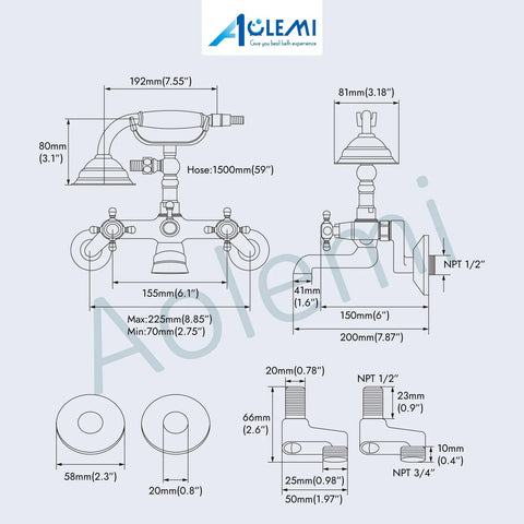 Technical diagram of Brushed Nickel Clawfoot Tub Faucet Wall Mount Tub Filler Set With Handheld Sprayer Double Cross Handles