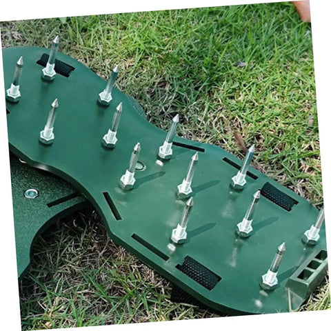 Close-up of 40 Pcs Metal Aerator Shoes Spikes for Lawn and Grass, durable metal spikes on plastic shoe base for soil aeration.