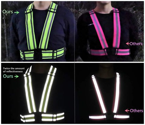 Comparison of XXL Yellow High Visibility Reflective Safety Vest With Two Silver Strips versus another brand, showing daytime and nighttime visibility.