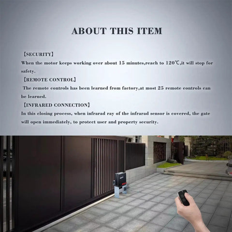 Automatic Sliding Gate Opener With Remote Transmitters And Infrared Photocell Sensor, chain drive security kit shown in use.