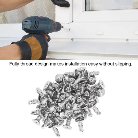 200 Pcs Self Drilling Screws Set With Countersunk Cross Head Stainless Steel Full Thread Fasteners For Wood And Metal M4.2-18 13mm Length No Pre Drill Needed Easy Install Hardware Kit being used with drill on window frame