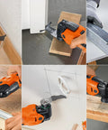 Fein Starlock E-Cut 6-piece blade set for wood and metal; four Long Life and two Universal blades on an orange tool.