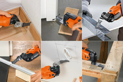 Fein Starlock E-Cut 6-piece blade set for wood and metal; four Long Life and two Universal blades on an orange tool.