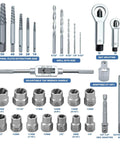 Impact Bolt And Nut Removal Drill Bit Kit With 13 Bolt And Nut Removers 5 Screw Extractors displayed with sizes and components