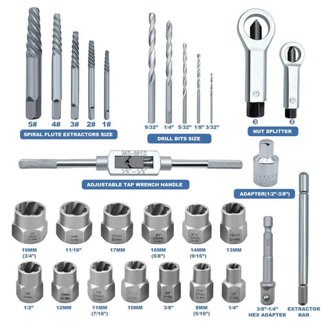 Impact Bolt And Nut Removal Drill Bit Kit With 13 Bolt And Nut Removers 5 Screw Extractors displayed with sizes and components