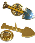 Straight Up Sweet Spring Gardening Enamel Lapel Pin Set For Suit Jacket And Necktie Three Piece Spade Shovel Hat Pin Kit with secure clutch backs, gold and green shovel design.