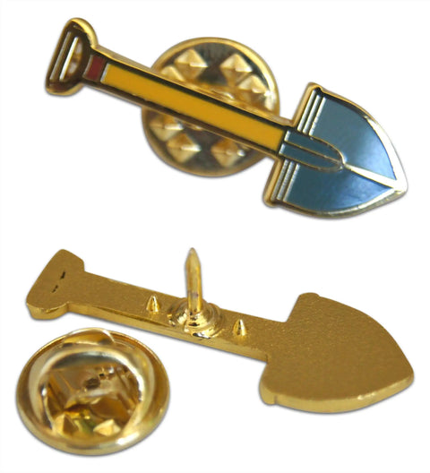 Straight Up Sweet Spring Gardening Enamel Lapel Pin Set For Suit Jacket And Necktie Three Piece Spade Shovel Hat Pin Kit with secure clutch backs, gold and green shovel design.