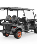 Battle Ready Six Seater Electric Shuttle Golf Cart Built Tough With A Rock Solid 48V 5Kw Motor Cruises At 25Mph Over 50 Miles features seating and rear storage.