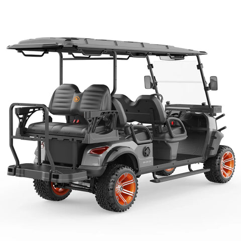 Battle Ready Six Seater Electric Shuttle Golf Cart Built Tough With A Rock Solid 48V 5Kw Motor Cruises At 25Mph Over 50 Miles features seating and rear storage.