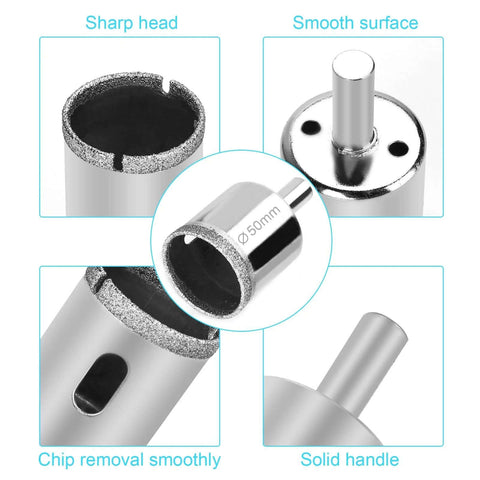 15-piece diamond drill bit set for ceramic, glass and tile; includes 6–50 mm hole saw bits, chrome finish; Amazon brand.