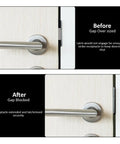 Universal Door Strike Plate Shim Forged From Black Hardened Stainless Steel Boasts Rock Solid Grip And Snappy Lock Alignment With Three Tunable Thickness Levels To Securely Tighten Wobbly Doors For Pro Fixes before and after images showing gap in door latch engagement