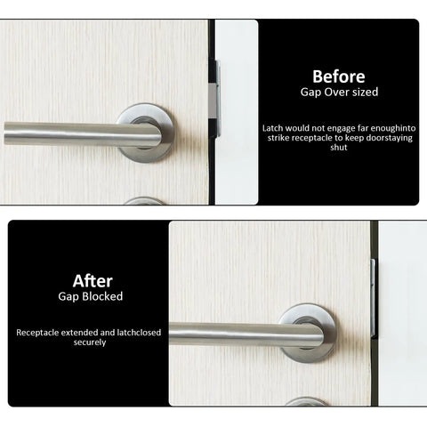 Universal Door Strike Plate Shim Forged From Black Hardened Stainless Steel Boasts Rock Solid Grip And Snappy Lock Alignment With Three Tunable Thickness Levels To Securely Tighten Wobbly Doors For Pro Fixes before and after images showing gap in door latch engagement