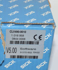 Beefy Fixed-Mount Laser Barcode Scanner CLV490-0010 packaging with V5.00 software label and industrial specifications