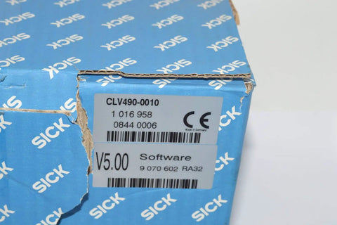 Beefy Fixed-Mount Laser Barcode Scanner CLV490-0010 packaging with V5.00 software label and industrial specifications