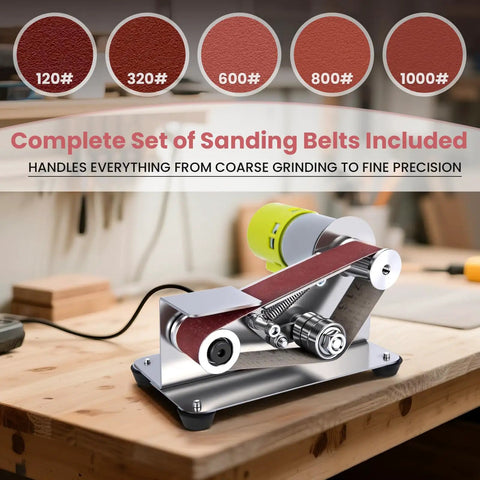 Pro Mini Belt Sander And 15 Degree Belt Grinder With Seven Speeds, showcasing a complete set of sanding belts on a wooden table.