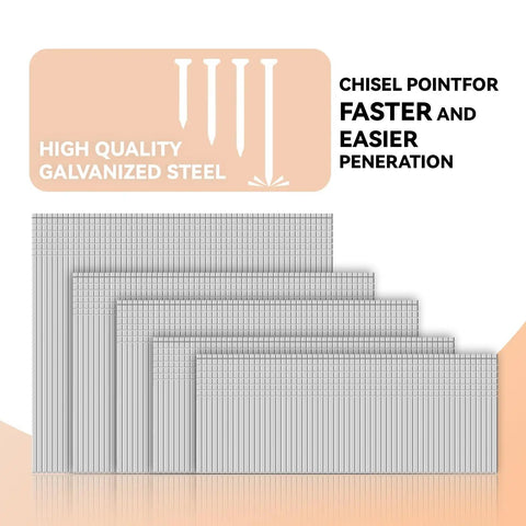 Top Shelf 5000 Count 16 Gauge Galvanized Finish Nails, assorted lengths, showcasing galvanized steel and chisel points for easy penetration.