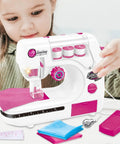 Kids Sewing Machine Toy With Realistic Pedal And Needle Threading For Needlework Practice Battery Operated Mini Sewing Machine in use