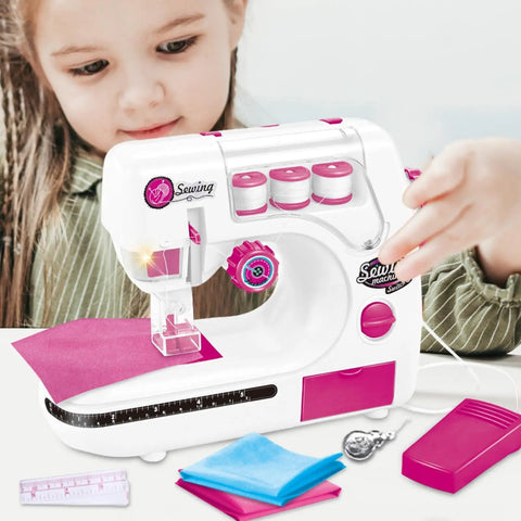 Kids Sewing Machine Toy With Realistic Pedal And Needle Threading For Needlework Practice Battery Operated Mini Sewing Machine in use