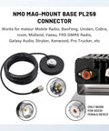3.5 Inch NMO Dual Band VHF UHF Antenna With Magnetic Base And Coax Cable For CB Ham Radio Marine Mobile And Two Way Radios NMO Mount Cap Two Point Five DBi Gain showing mag-mount base and PL259 connector details