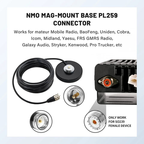 3.5 Inch NMO Dual Band VHF UHF Antenna With Magnetic Base And Coax Cable For CB Ham Radio Marine Mobile And Two Way Radios NMO Mount Cap Two Point Five DBi Gain showing mag-mount base and PL259 connector details