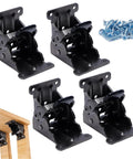 Dang Sturdy Heavy Duty Folding Table Legs And Bed Leg Expanders With Selflocking Hinge Screws Bulletproof Steel Support Brackets, 4 pack black brackets close-up.