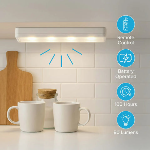 Stick On Touch Wireless Under Cabinet Lights With Remote 8.5 Inch Battery Powered LED above kitchen counter with mugs
