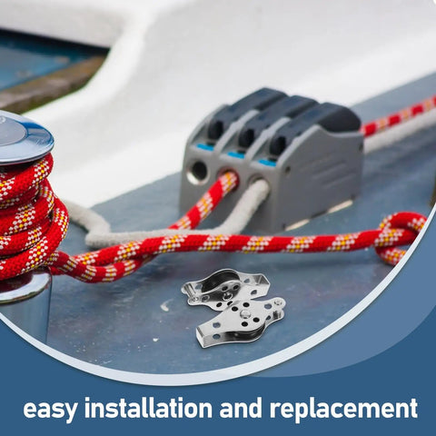 Stainless Steel Boat Pulley Wheel 2 Pack For Kayaks And Sailboats, shown with red rope and cleat on boat deck