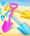Heavy Duty 16 Inch Beach Shovel Set Of 3 For Kids And Adults in pink, yellow, and blue on sandy beach background