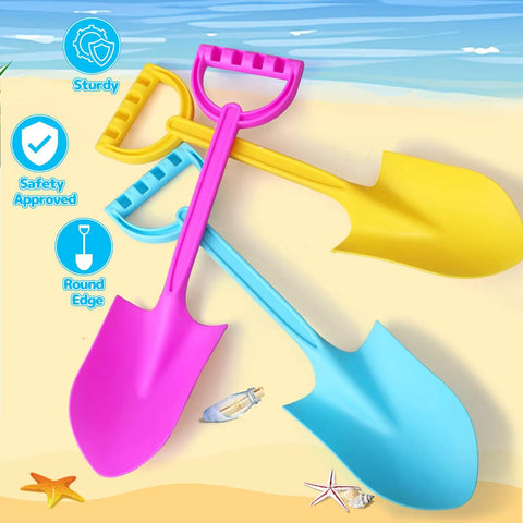 Heavy Duty 16 Inch Beach Shovel Set Of 3 For Kids And Adults in pink, yellow, and blue on sandy beach background