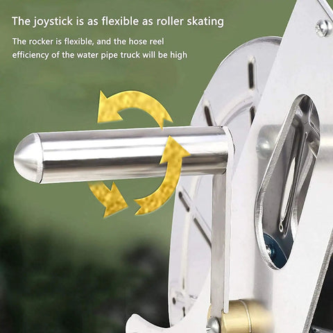Premium Garden Hose Reel Featuring Easy Rewind Lightweight Build And Six Function Spray Nozzle joystick detail showing flexibility and efficiency